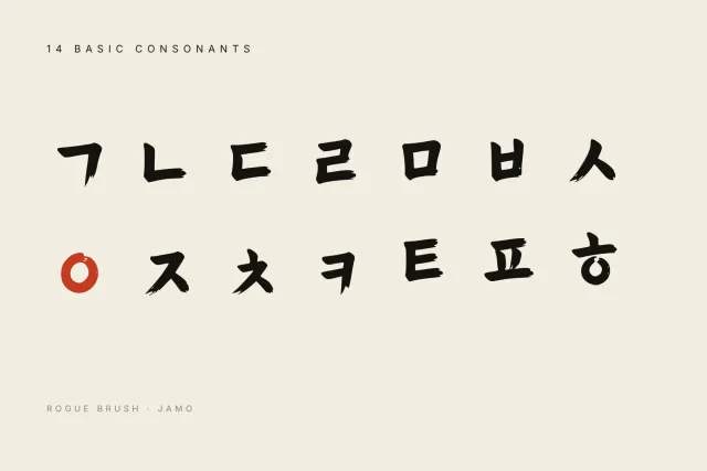 Rogue Brush set of 14 basic Hangul consonants in rough black brush strokes, the ㅇ circle painted red