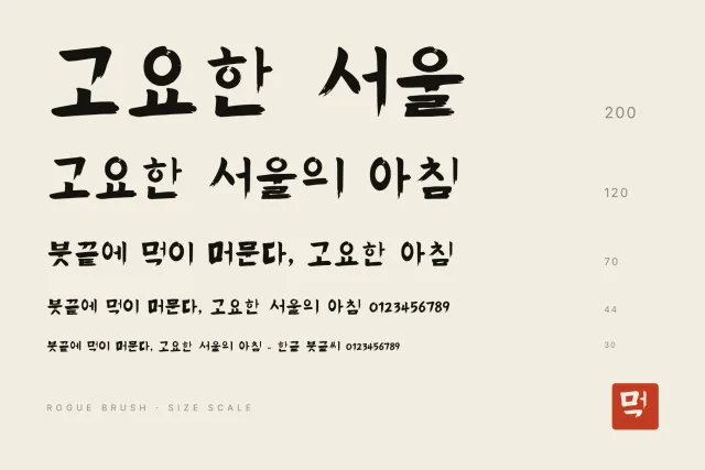 Rogue Brush size scale card, Korean sentences set from 200 down to 30 in rough brush lettering