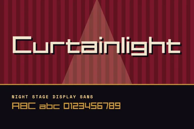 Curtainlight cover with wide square cream letters under a spotlight on a red striped stage curtain