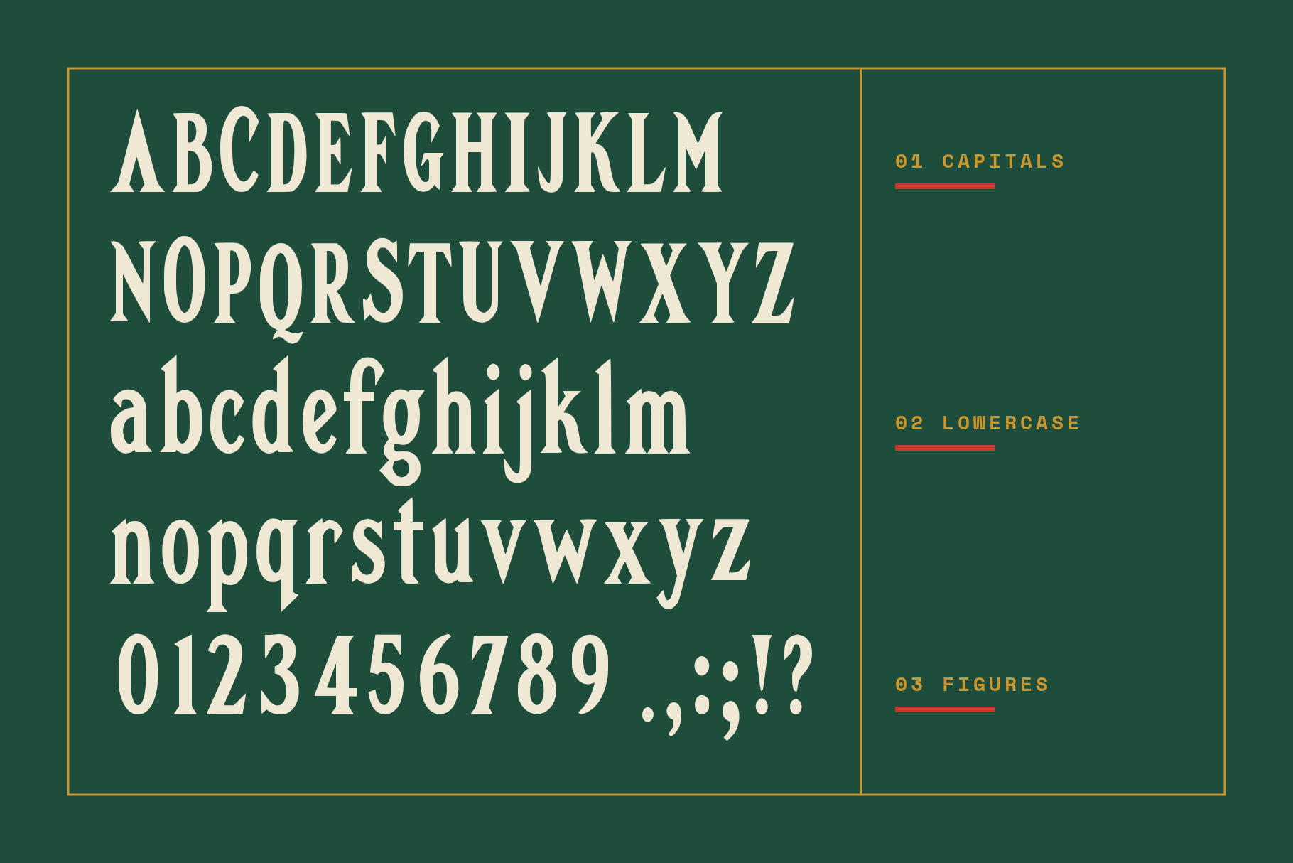 Quirk Ledger full alphabet in capitals and lowercase with figures and punctuation in cream on dark green