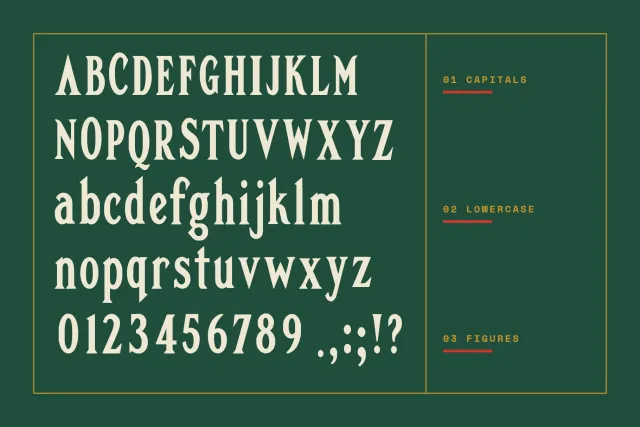 Quirk Ledger full alphabet in capitals and lowercase with figures and punctuation in cream on dark green