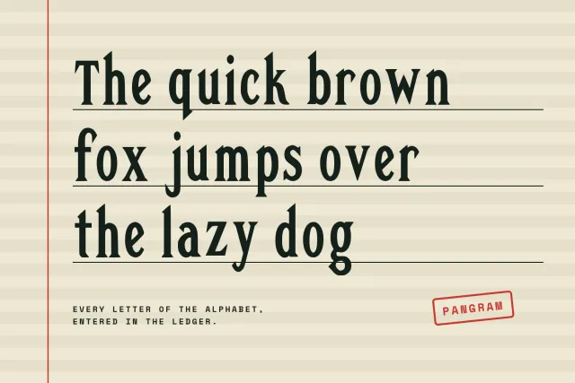 Quirk Ledger pangram The quick brown fox jumps over the lazy dog on ruled ledger paper with a red Pangram stamp