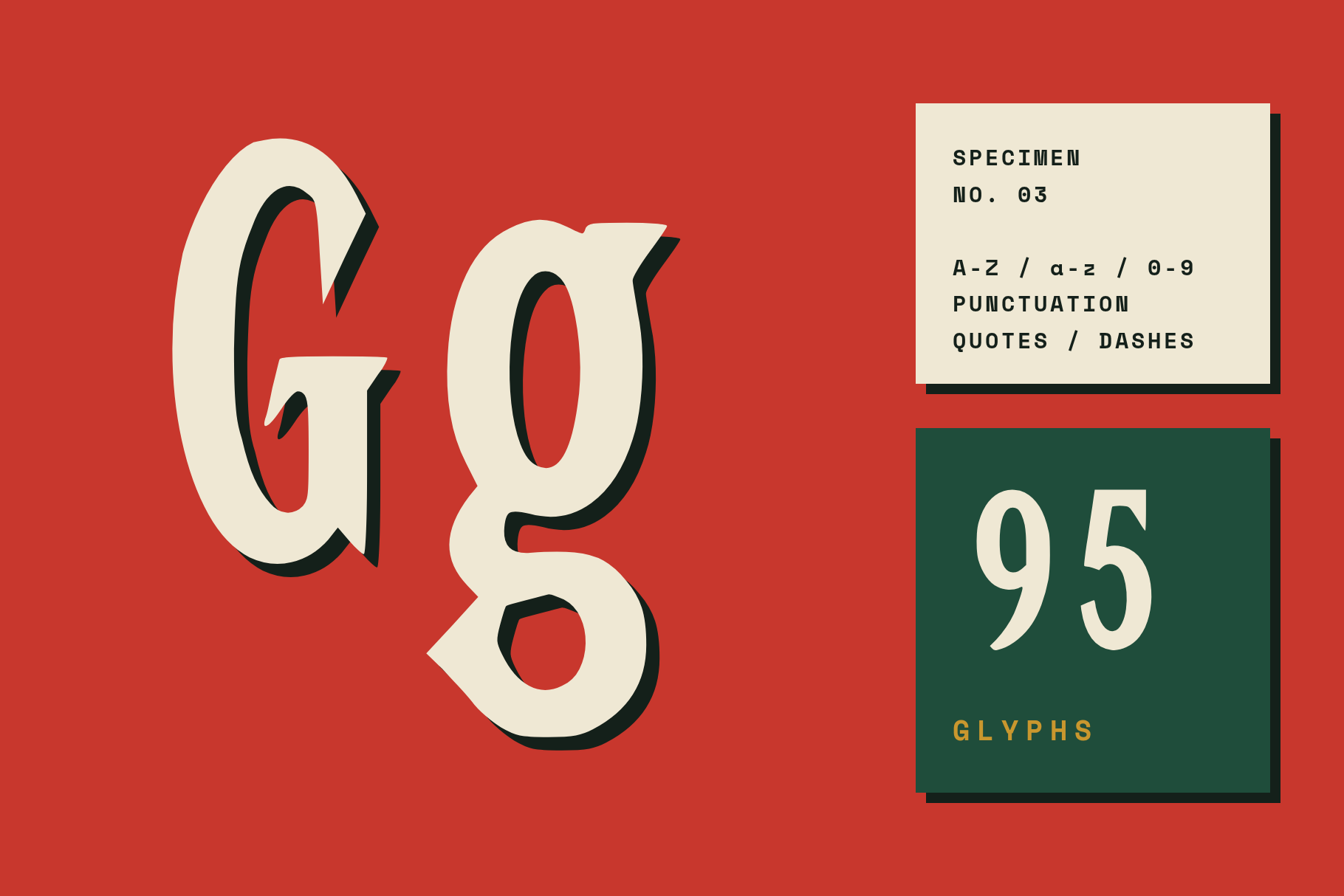 Quirk Ledger giant Gg in cream with a black shadow on red beside specimen notes and a glyph count panel