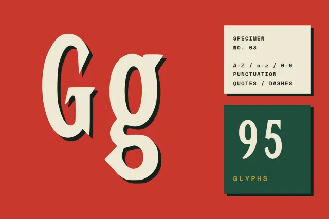 Quirk Ledger giant Gg in cream with a black shadow on red beside specimen notes and a glyph count panel