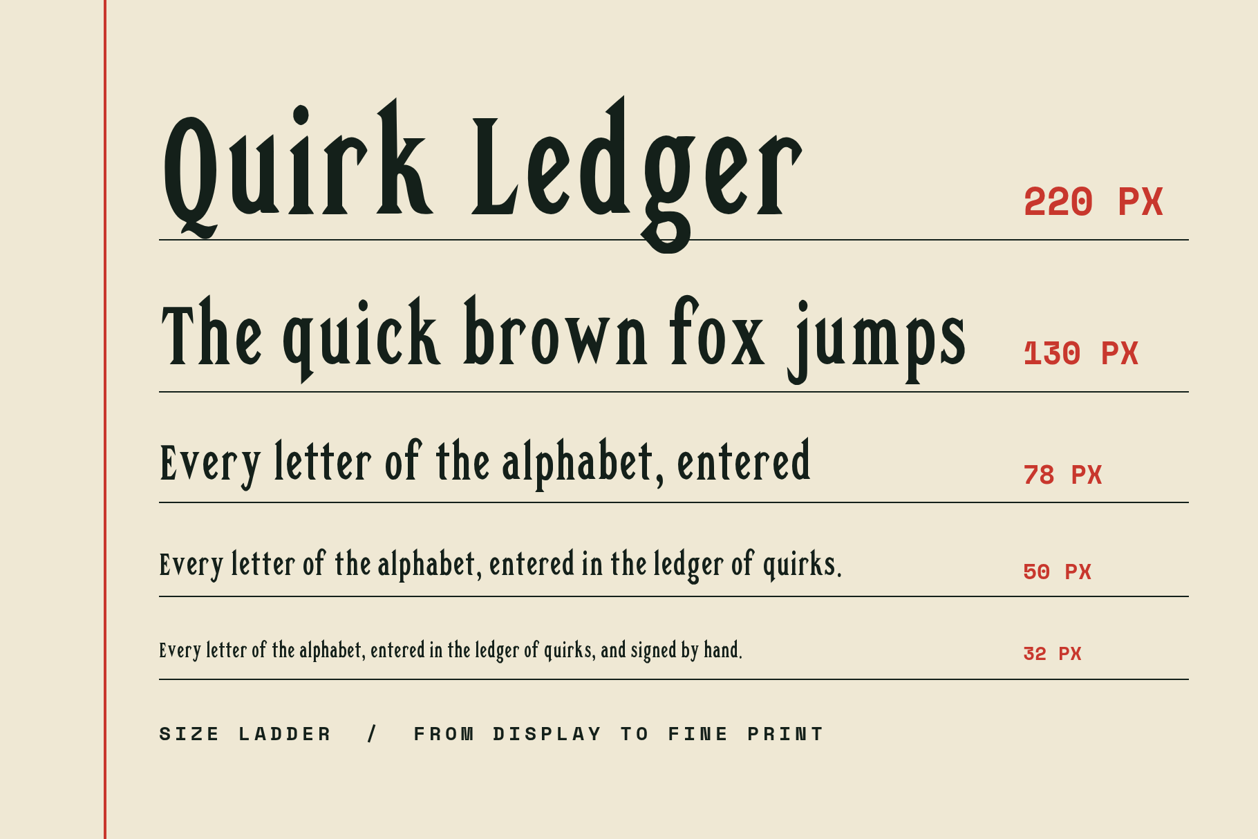 Quirk Ledger size ladder from 220 px to 32 px with a sample sentence at each size on cream paper