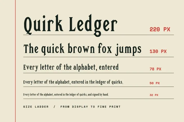 Quirk Ledger size ladder from 220 px to 32 px with a sample sentence at each size on cream paper