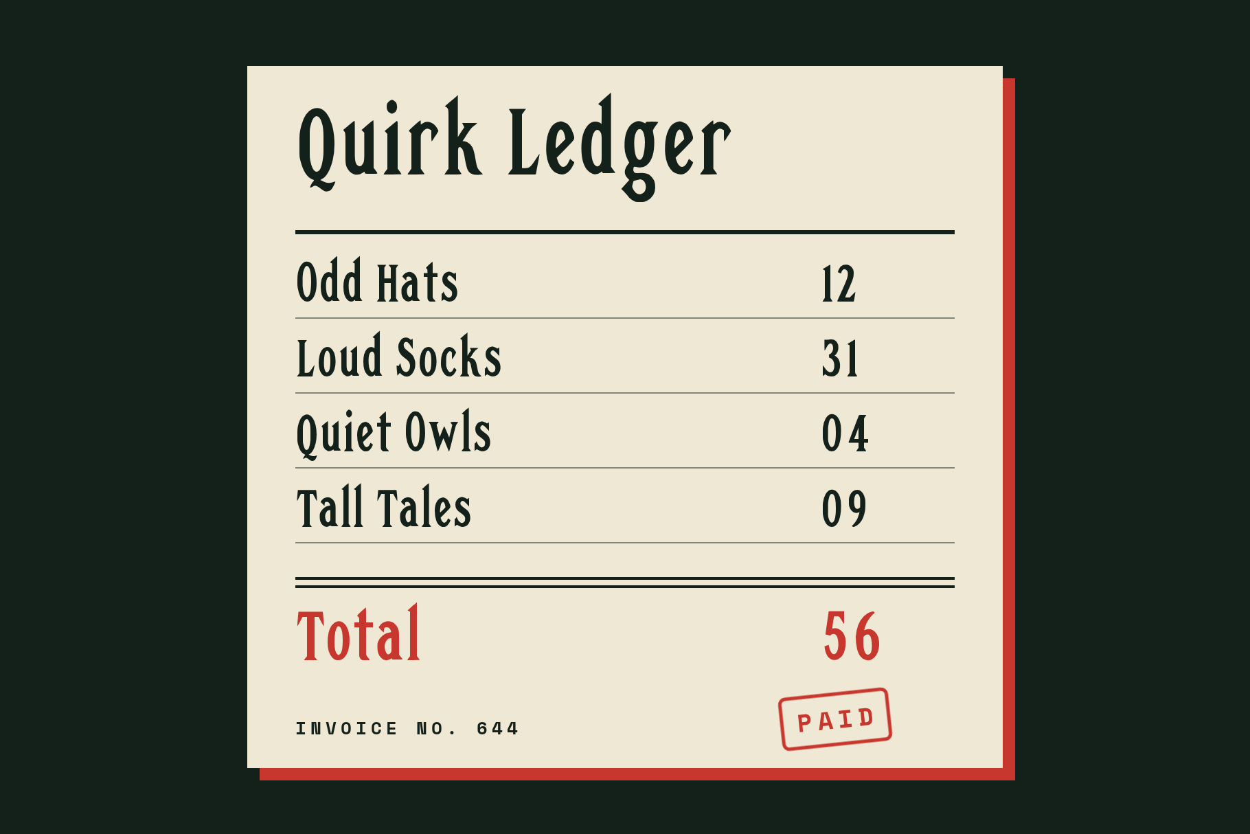 Quirk Ledger invoice mockup listing Odd Hats, Loud Socks, Quiet Owls and Tall Tales with a red Paid stamp