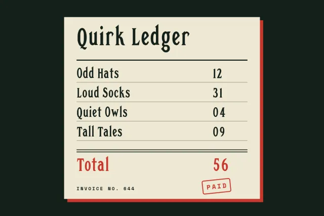 Quirk Ledger invoice mockup listing Odd Hats, Loud Socks, Quiet Owls and Tall Tales with a red Paid stamp