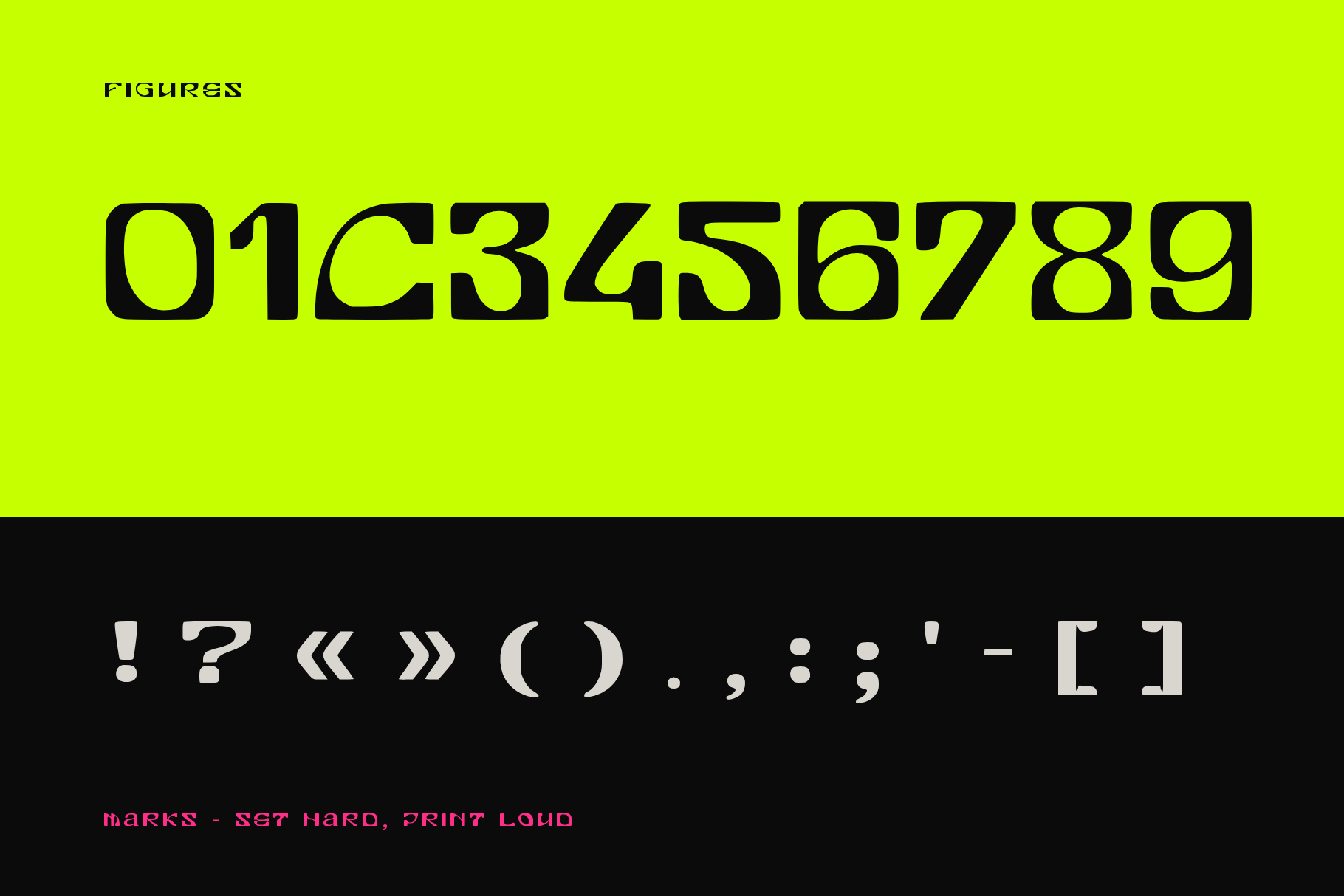 Lead Press figures 0 to 9 in black on lime above punctuation marks including guillemets and brackets on black