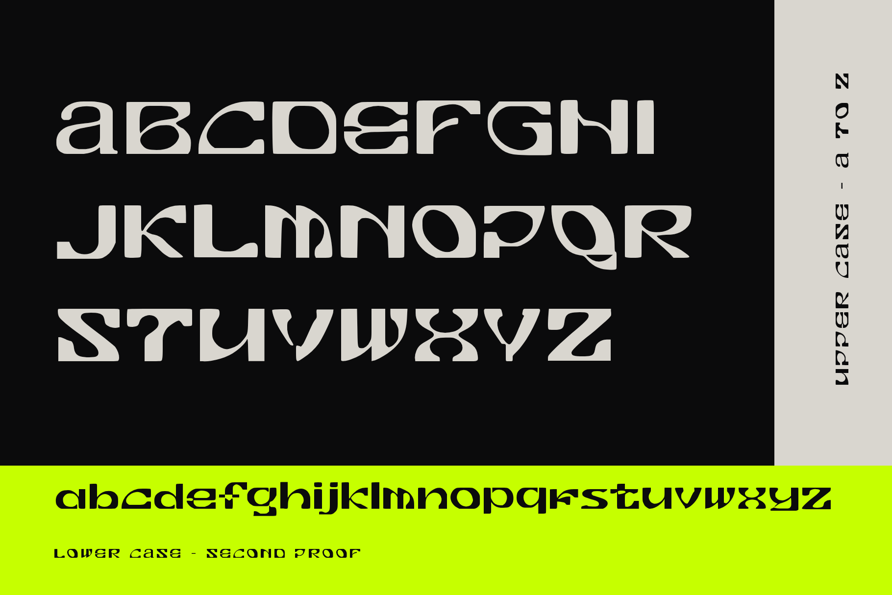 Lead Press uppercase A to Z in cream on black with the lowercase alphabet in black on a lime strip below
