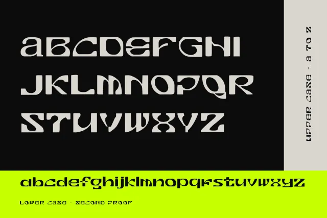 Lead Press uppercase A to Z in cream on black with the lowercase alphabet in black on a lime strip below