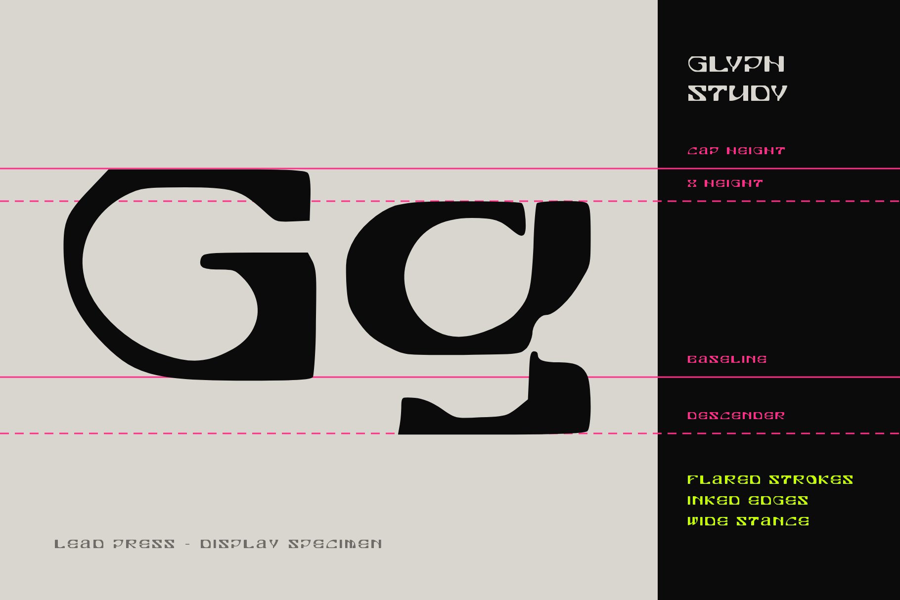Lead Press glyph study of a large black Gg on guide lines for cap height, x height, baseline and descender