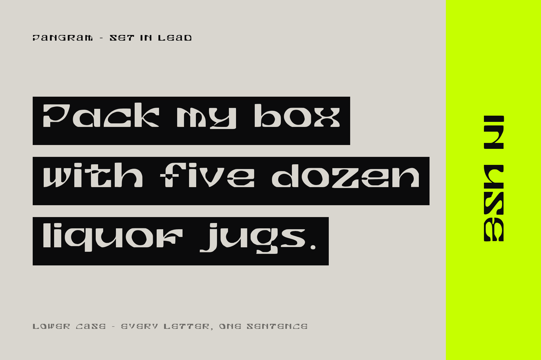 Lead Press pangram Pack my box with five dozen liquor jugs set in white on three black strips beside a lime bar