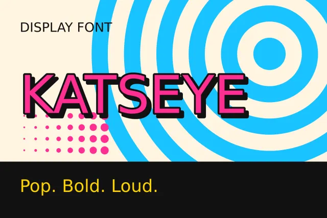 KATSEYE display font cover, pink title with black outline on cream beside blue rings and halftone dots