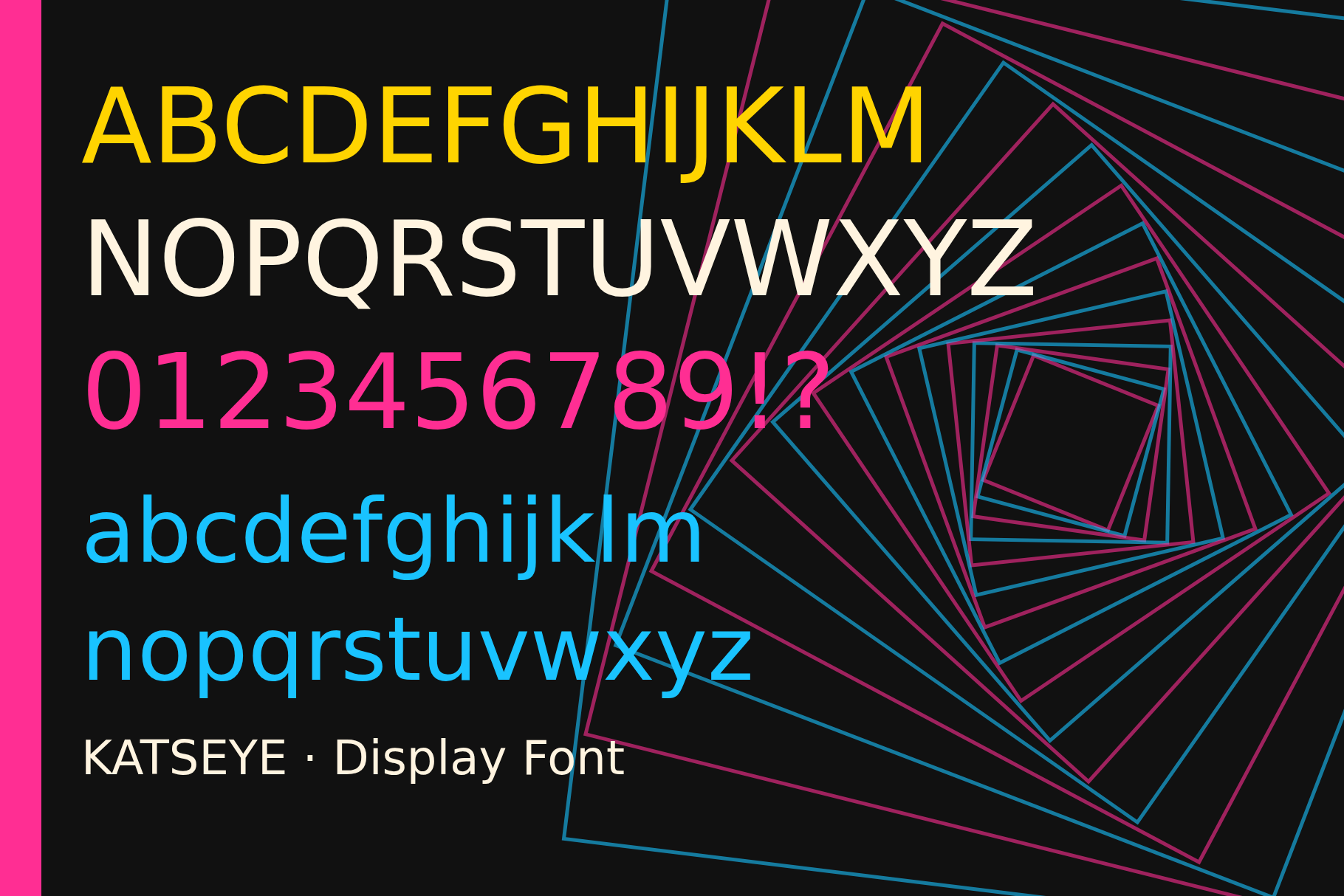 KATSEYE alphabet card in yellow, white, pink and blue letters on black with a twisted square pattern