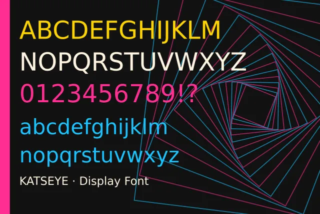 KATSEYE alphabet card in yellow, white, pink and blue letters on black with a twisted square pattern