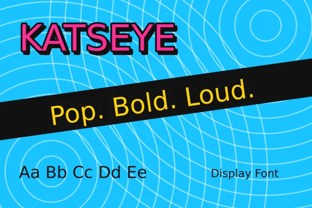 KATSEYE card on blue rings with a black diagonal band reading Pop. Bold. Loud. and sample pairs Aa to Ee