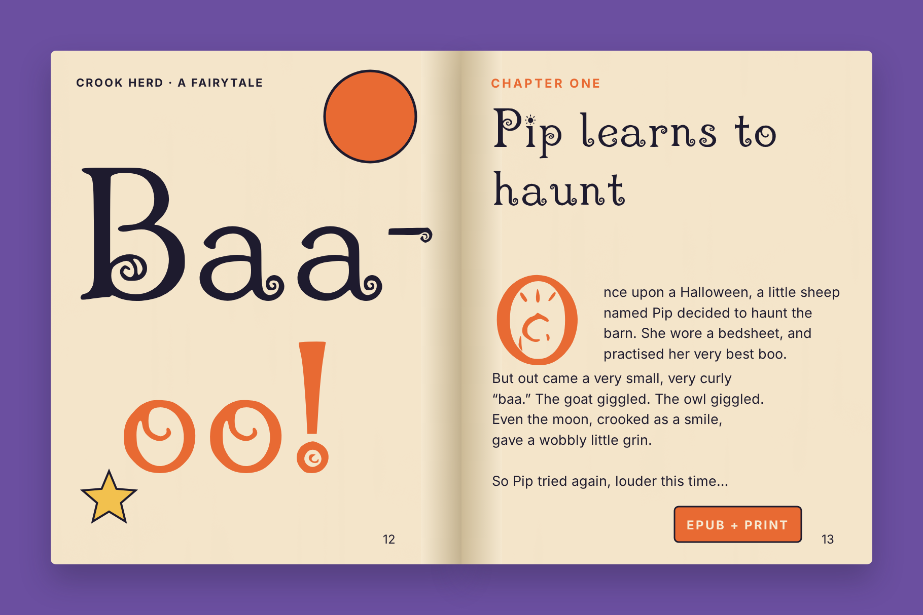 Crook Herd display font set as a title on an open book spread