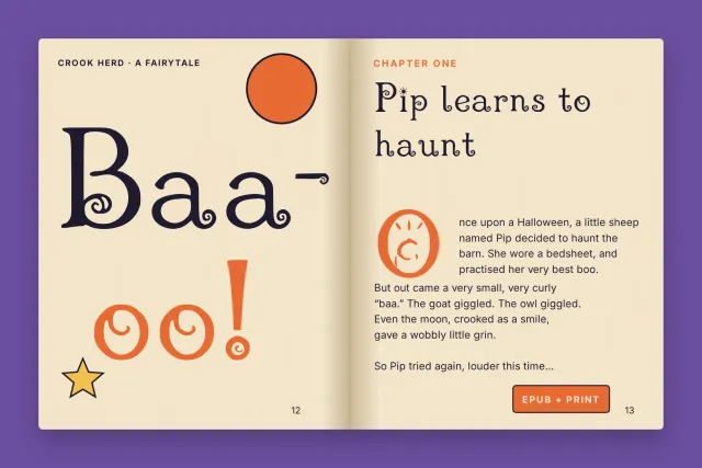 Crook Herd display font set as a title on an open book spread