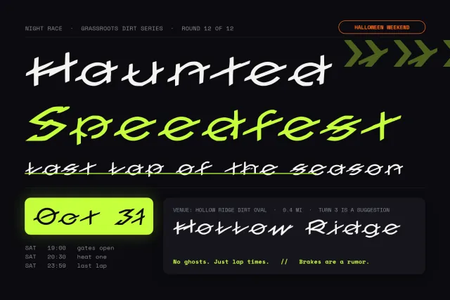 Slashrun night race poster reading Haunted Speedfest, Oct 31 and Hollow Ridge in white and lime on black