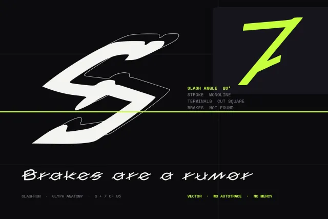 Slashrun glyph anatomy card with an oversized S and 7, notes on a 20 degree slash angle and square terminals