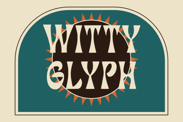 Witty Glyph בכריכה: אותיות רישיות בצבע שמנת, מתרחבות בקצוות, על שמש כהה בתוך קשת טורקיז