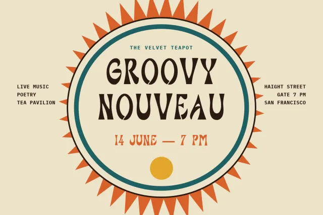 Witty Glyphの丸い太陽ポスター。Groovy Nouveau、The Velvet Teapot、14 June 7 PM