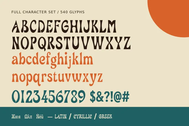 Witty Glyphの文字セット。ラテン大文字と小文字、数字、記号$&?!@#、キリルとギリシャの見本