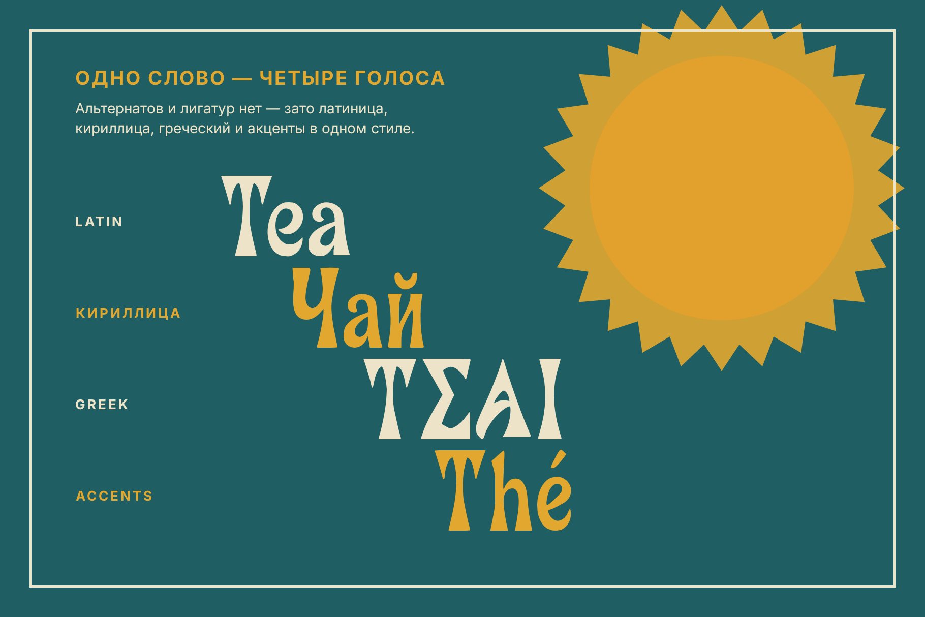 Witty Glyphで一つの単語を3つの文字体系とアクセントで。Tea、Чай、ΤΣΑΙ、Théをターコイズの背景に