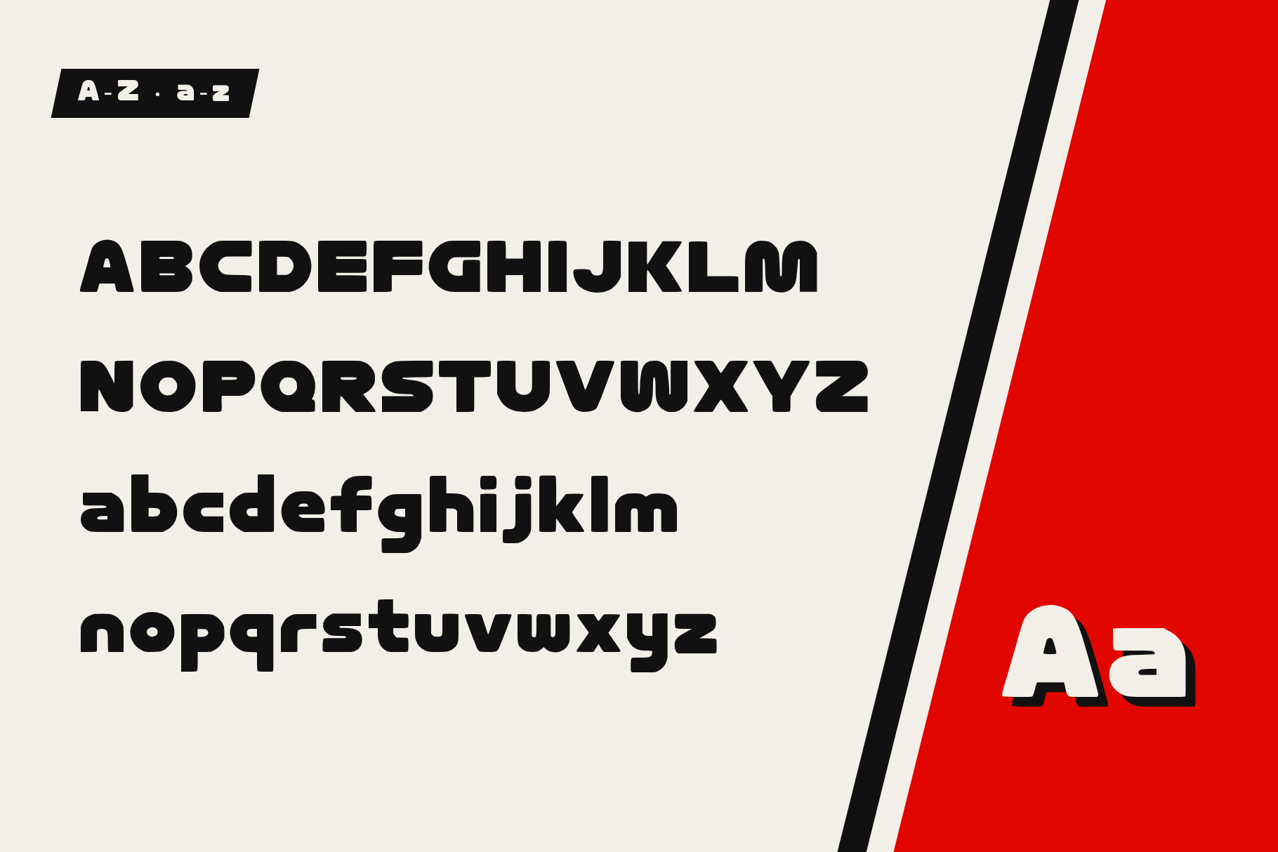 FORMULA ONE TORQUE alphabet card with A to Z capitals and a to z lowercase in black wide sans on light grey