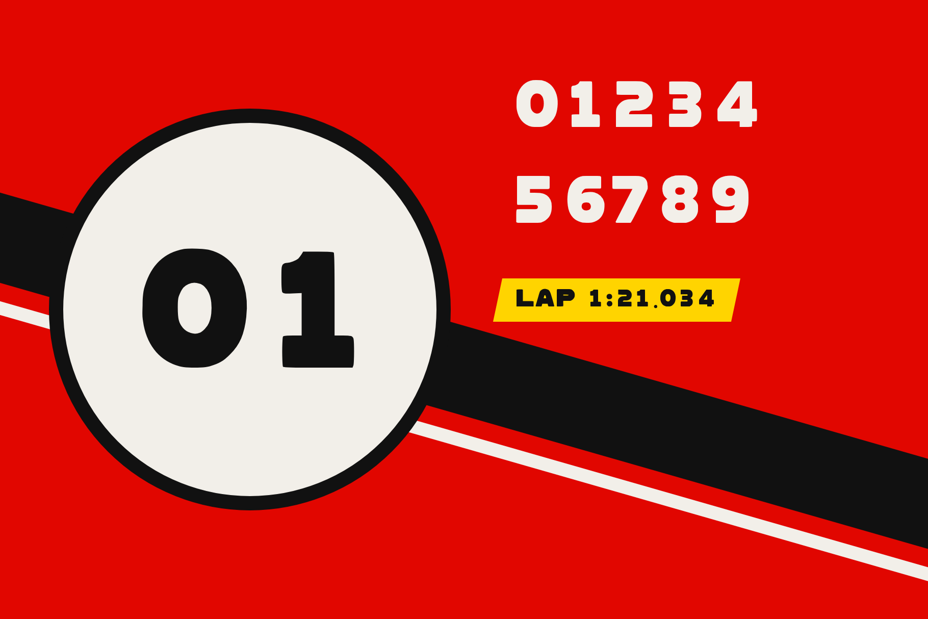 FORMULA ONE TORQUE numerals: race number 01 in a white roundel, digits 0 to 9 and lap time 1:21.034 on red