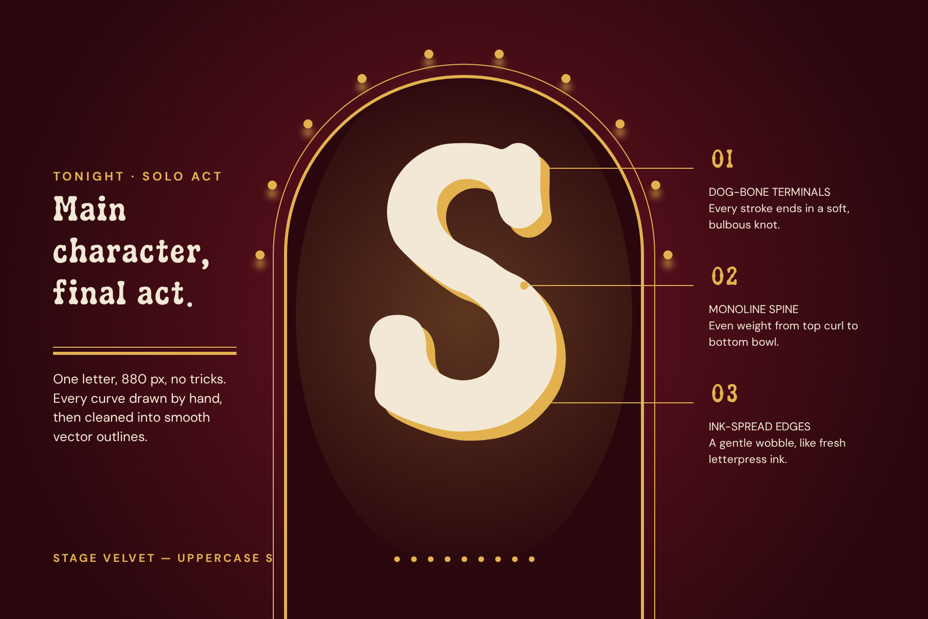 Large Stage Velvet letter S under a lit stage arch with notes on its rounded bone-shaped terminals