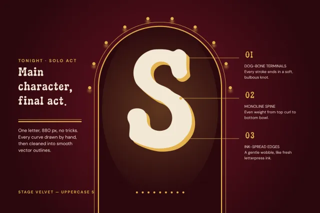 Large Stage Velvet letter S under a lit stage arch with notes on its rounded bone-shaped terminals