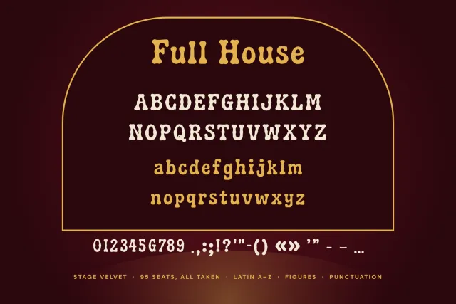 Stage Velvet character set: uppercase, lowercase, figures and punctuation inside a gold stage arch