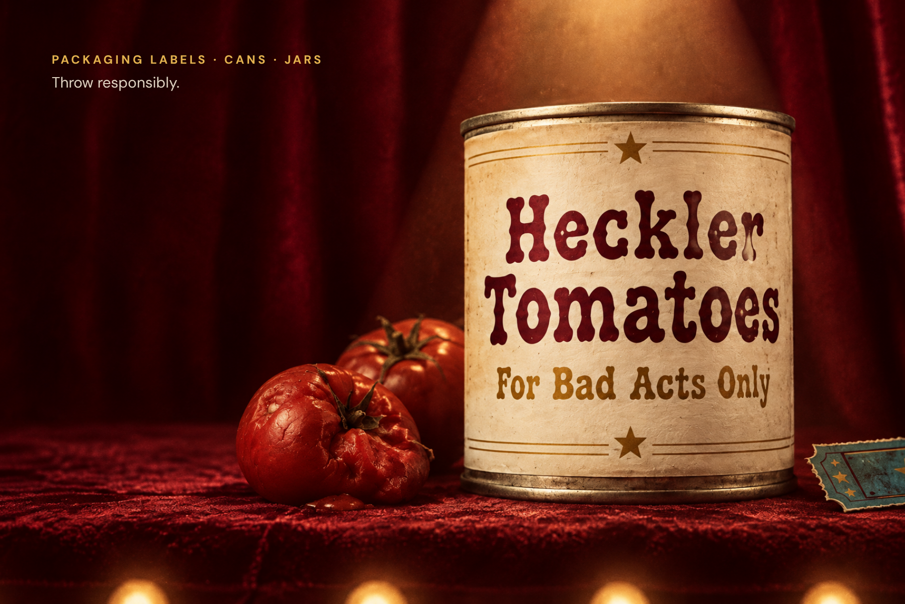 Stage Velvet on packaging: striped popcorn box, caramel tin and Admit One tag against red velvet