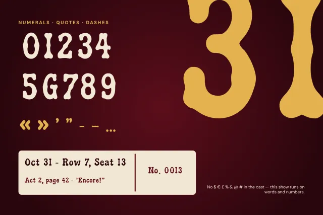 Stage Velvet numerals 0 to 9, quotes and dashes with a giant gold 31 and an Oct 31 ticket strip