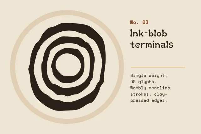 Fossilcraft large ringed O glyph with three wobbly concentric loops beside a note on ink-blob terminals