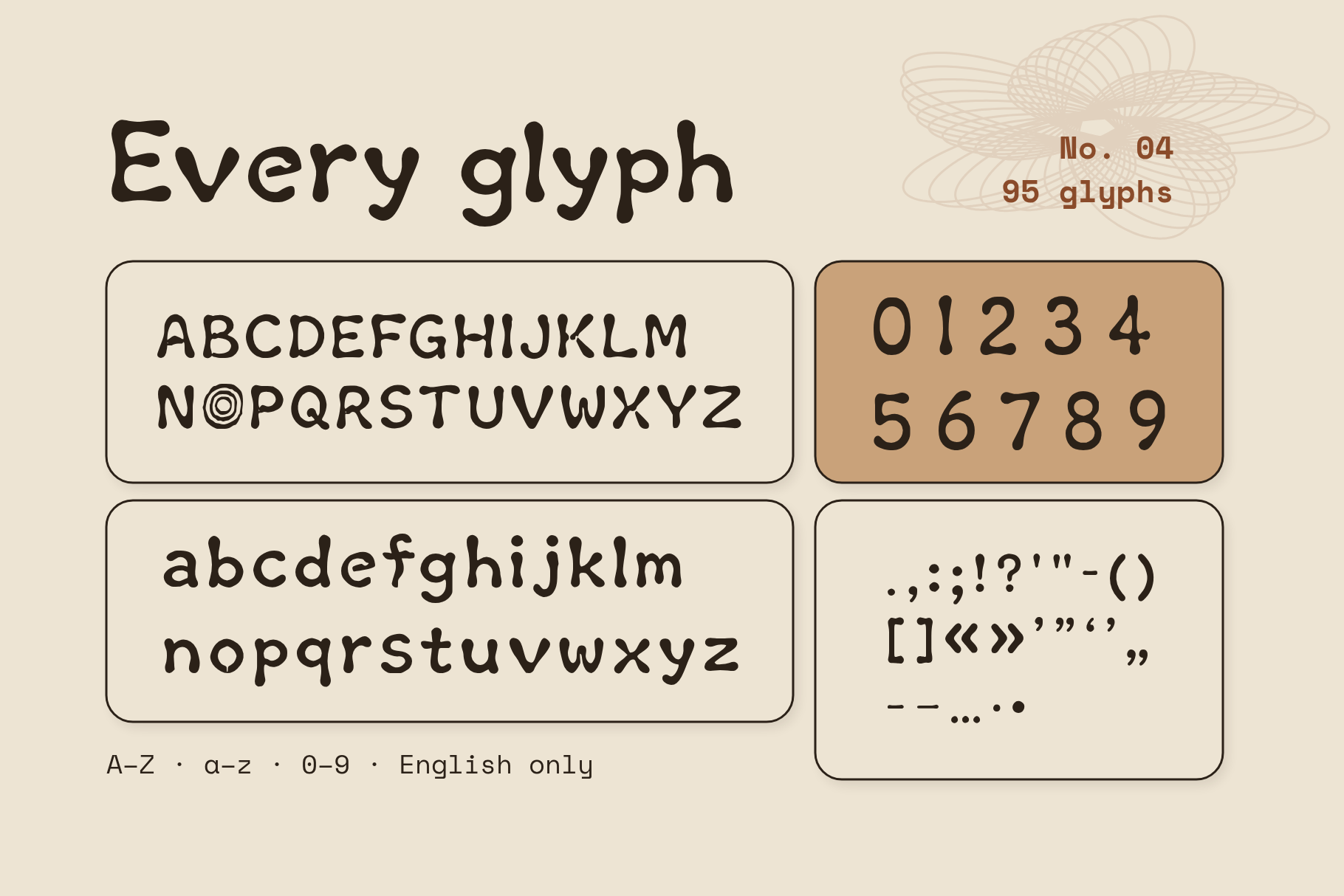 Fossilcraft character set card with capitals, lowercase, figures and punctuation in dark brown on cream panels