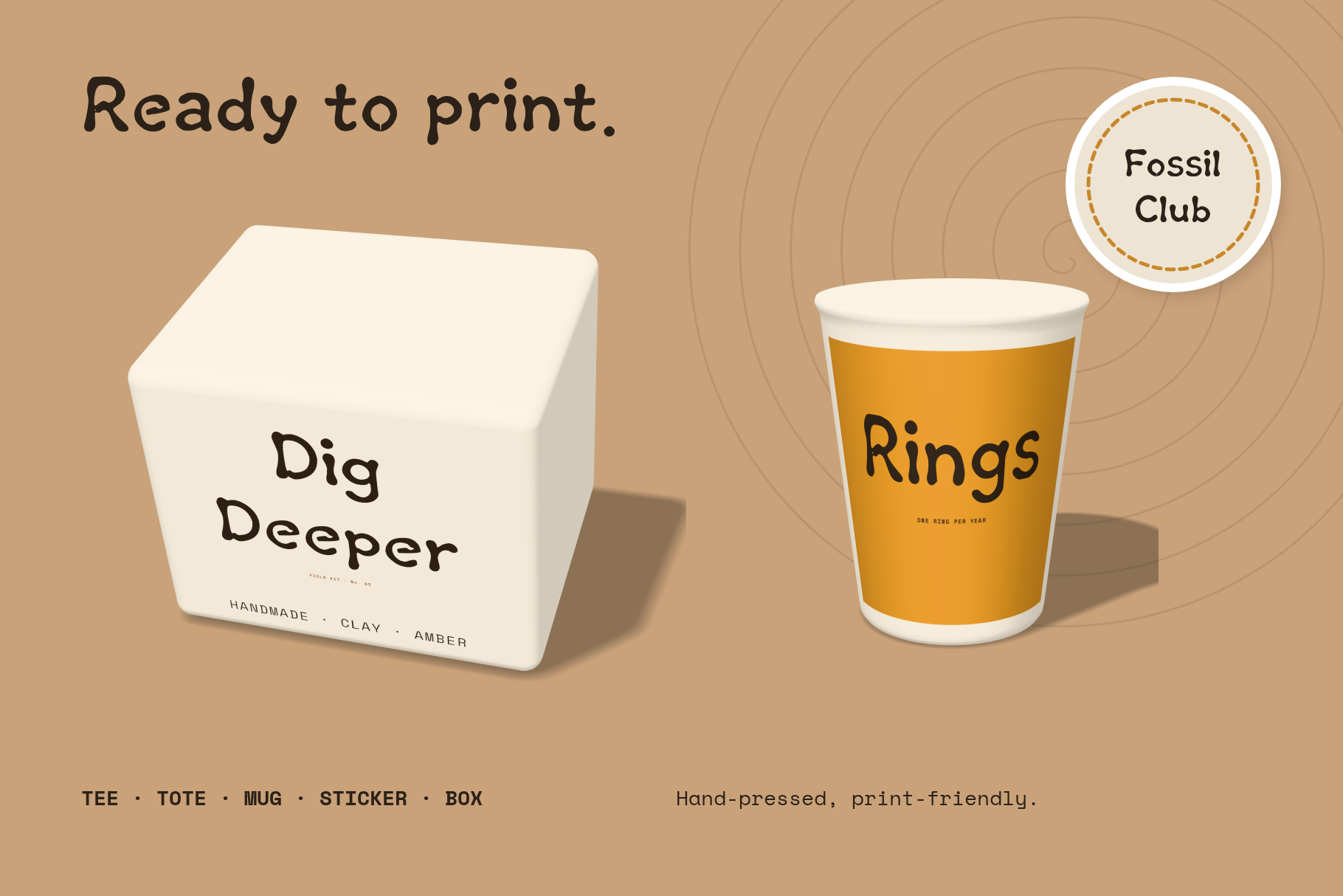 Fossilcraft merch mockup with a cream box reading Dig Deeper and an orange cup reading Rings