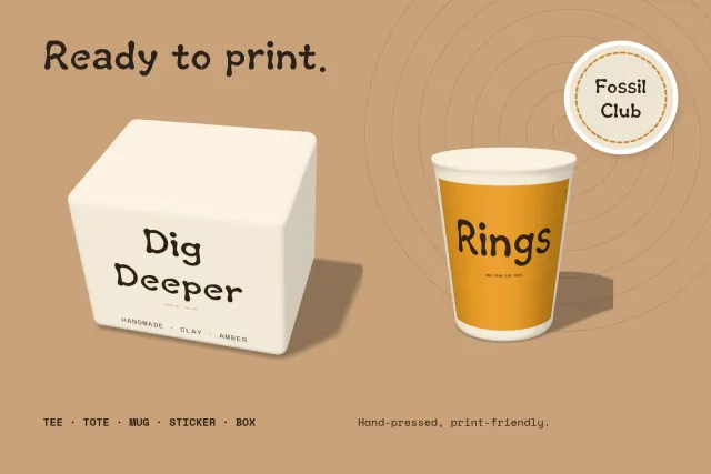 Fossilcraft merch mockup with a cream box reading Dig Deeper and an orange cup reading Rings