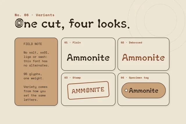 Fossilcraft card showing the word Ammonite set four ways: plain, debossed, stamp and specimen tag