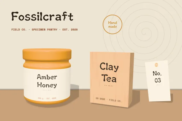 Fossilcraft packaging with an Amber Honey jar, a Clay Tea box and a No. 03 tag on a wooden shelf