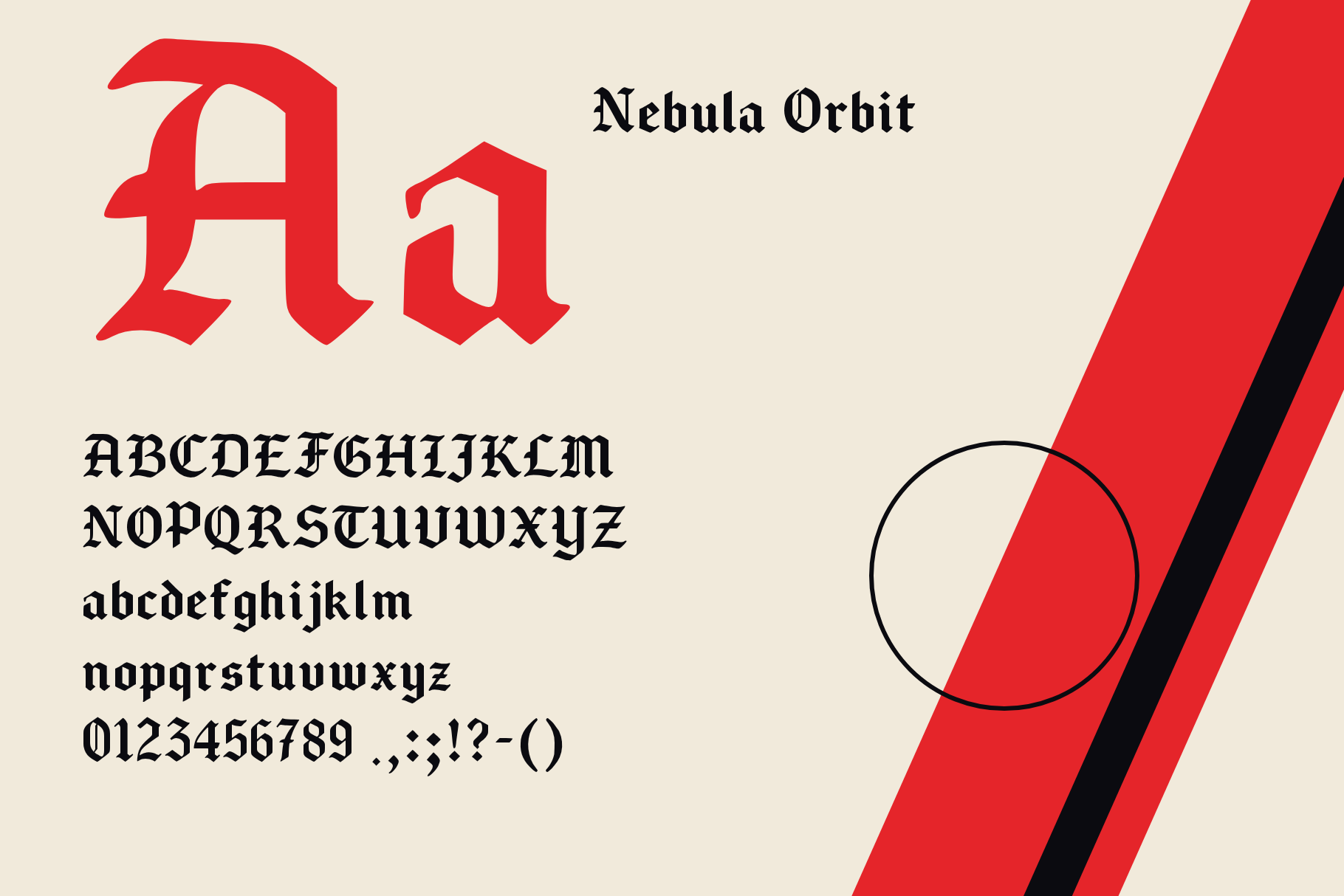 Nebula Orbit character set with a large red Aa, A to Z, a to z, numerals and punctuation on a cream background