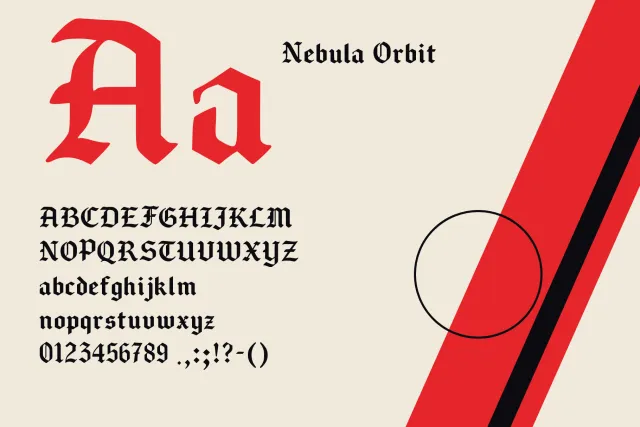Nebula Orbit character set with a large red Aa, A to Z, a to z, numerals and punctuation on a cream background