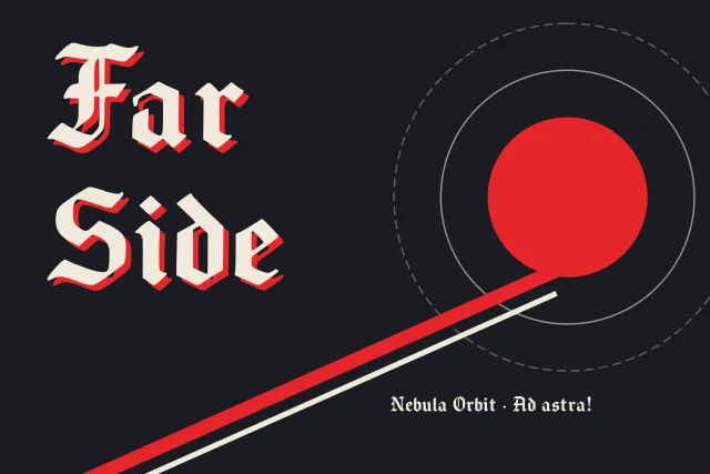 Nebula Orbit poster reading Far Side in cream blackletter with a red shadow, a red planet and orbit lines