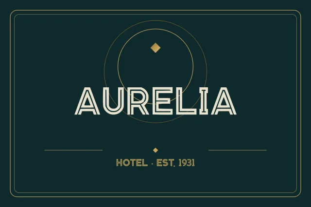 Bursalumen cover with the word AURELIA in cream inline capitals and Hotel Est. 1931 on dark green with gold rings