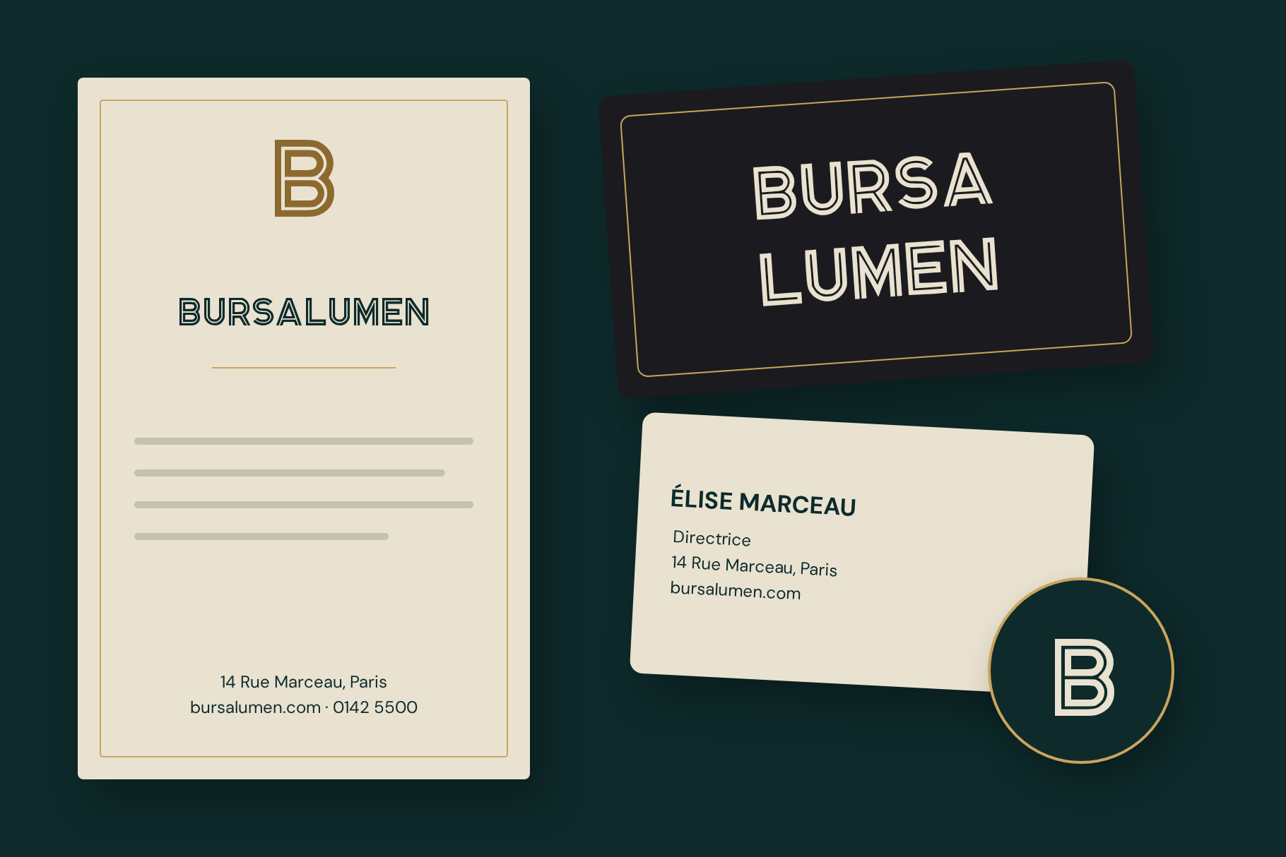 Bursalumen brand set with a letterhead, black business card, contact card and round B monogram badge