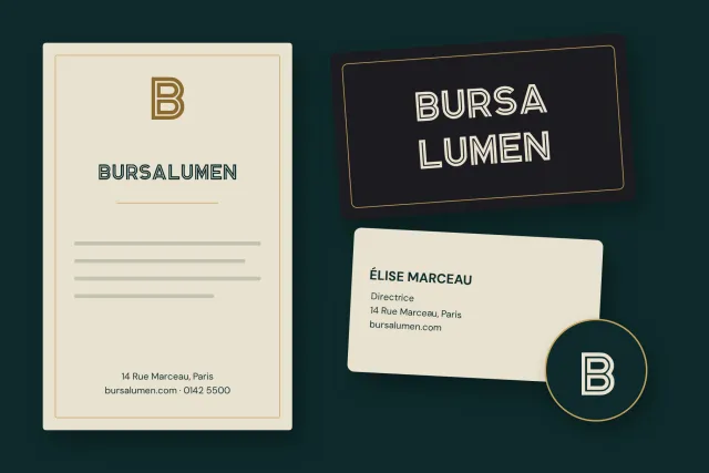 Bursalumen brand set with a letterhead, black business card, contact card and round B monogram badge