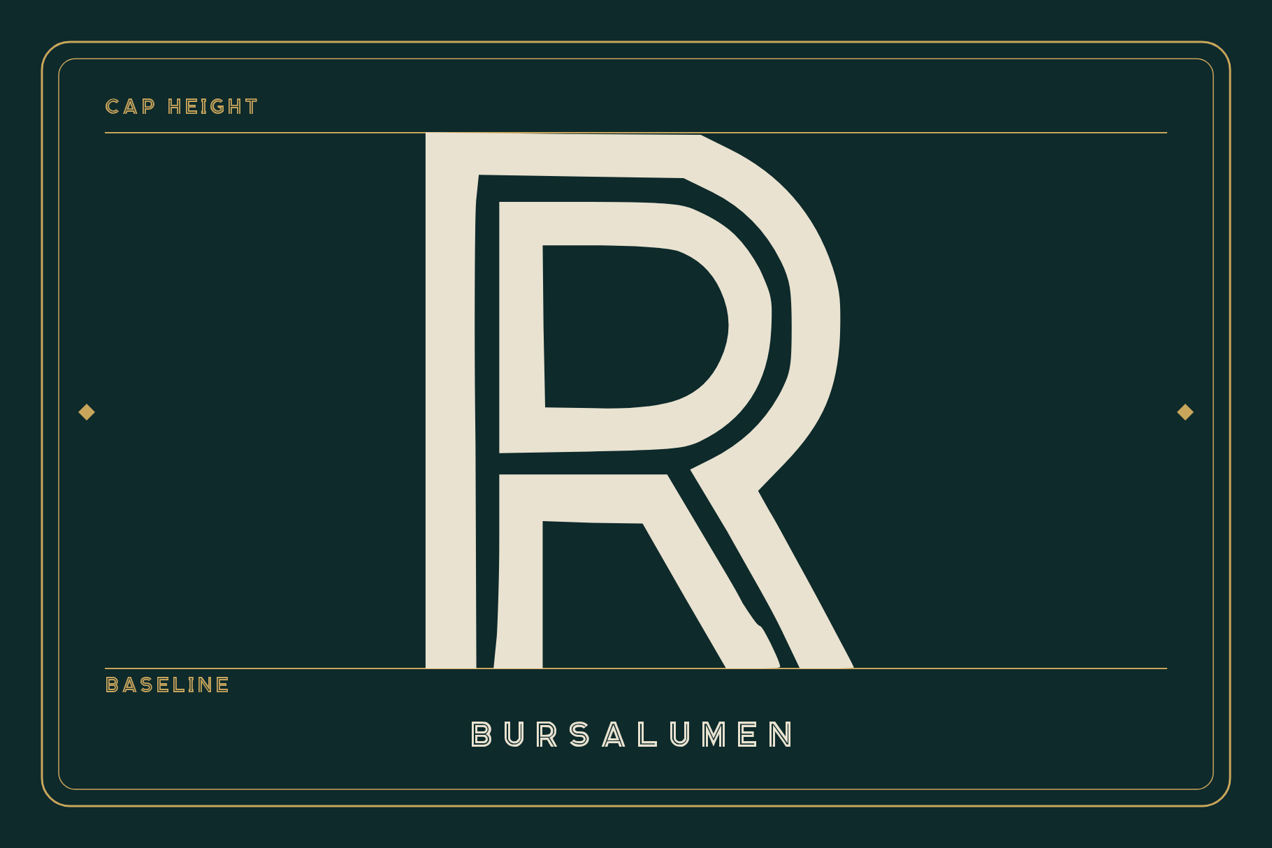 Bursalumen giant capital R with its inline cut, set between cap height and baseline guides on dark green