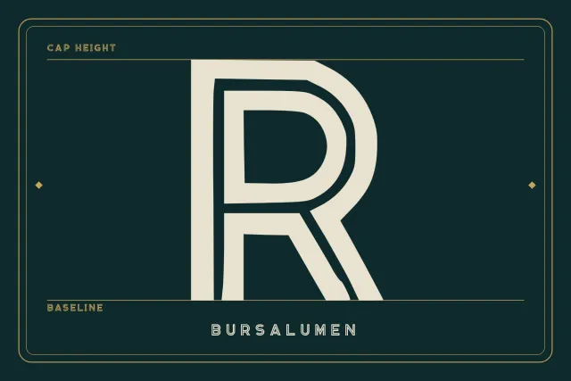 Bursalumen giant capital R with its inline cut, set between cap height and baseline guides on dark green